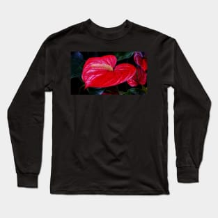 closeup macro photography of single vivid red waxy and shiny lily with long pollen laden golden center Long Sleeve T-Shirt